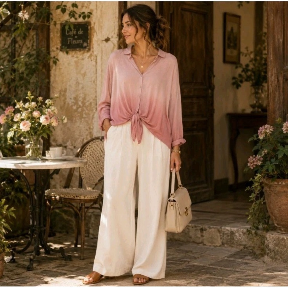 J Jill Button Up Shirt L Dusty Rose Ombre Dip Dye Tie Feminine Boho Chic Coastal
